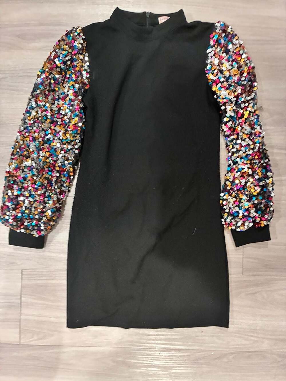 SHEIN Girls Black Colorful Sequin Mock Neck Bishop Sleeve Mini Dress Size 11-12Y